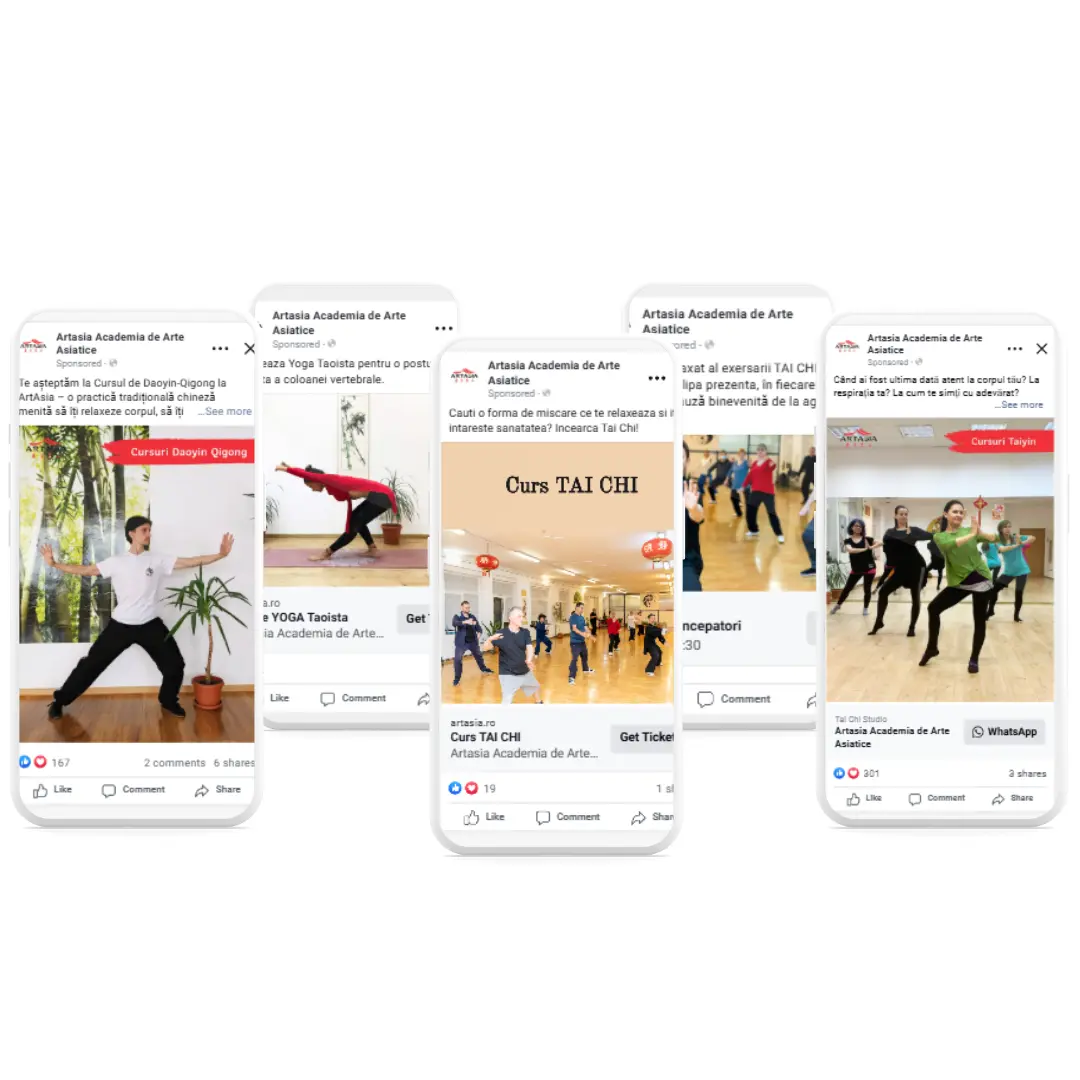 Materiale vizuale autentice folosite în campania Meta Ads pentru promovarea cursurilor spirituale Tai Chi, Qigong și Yoga – studiu de caz.