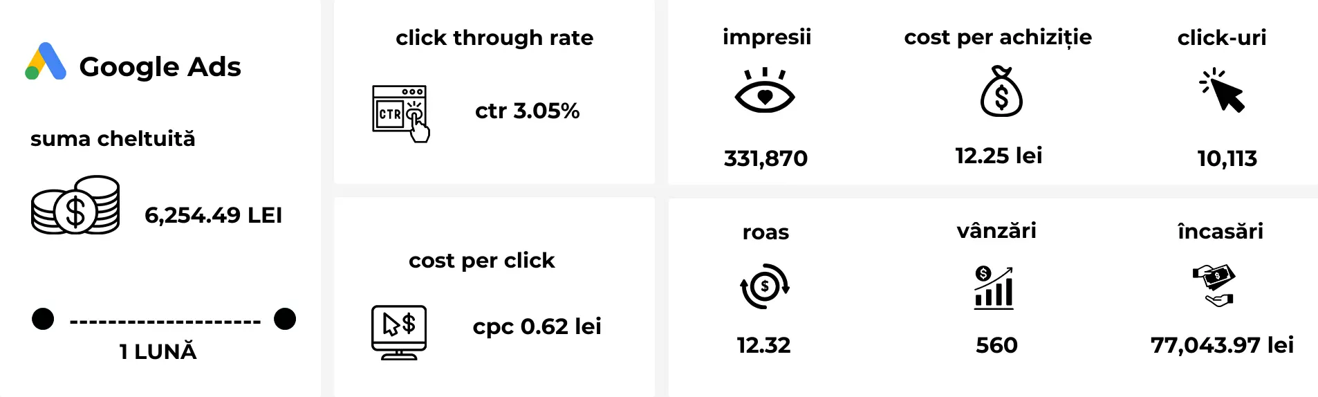 Valoarea totală a conversiilor generate prin campaniile Google Ads pentru cosmetice naturale