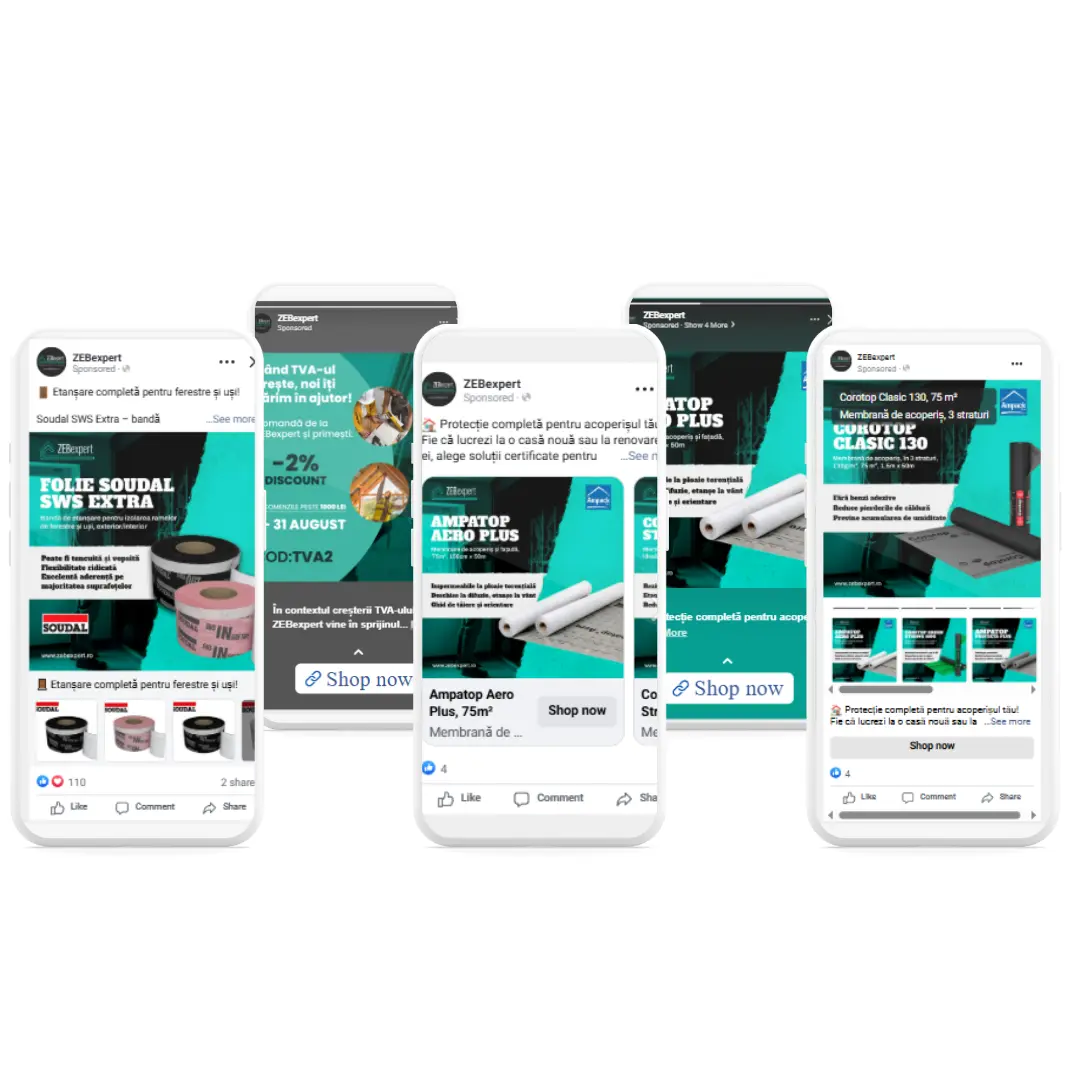 ROAS și vânzări generate prin campanii online pentru piața materialelor de construcții.