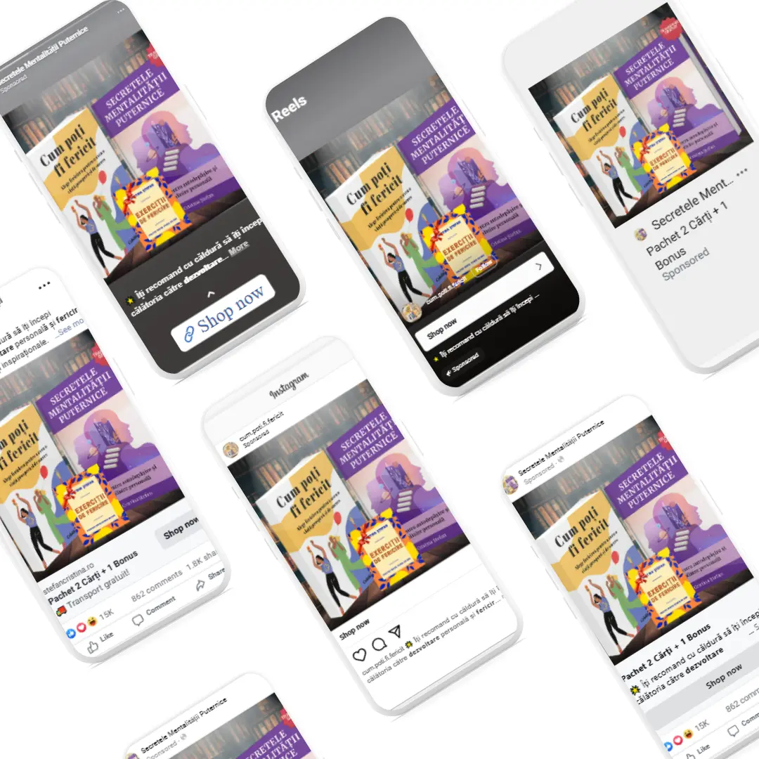 Strategie de promovare Facebook Ads pentru vânzarea de cărți motivaționale online.