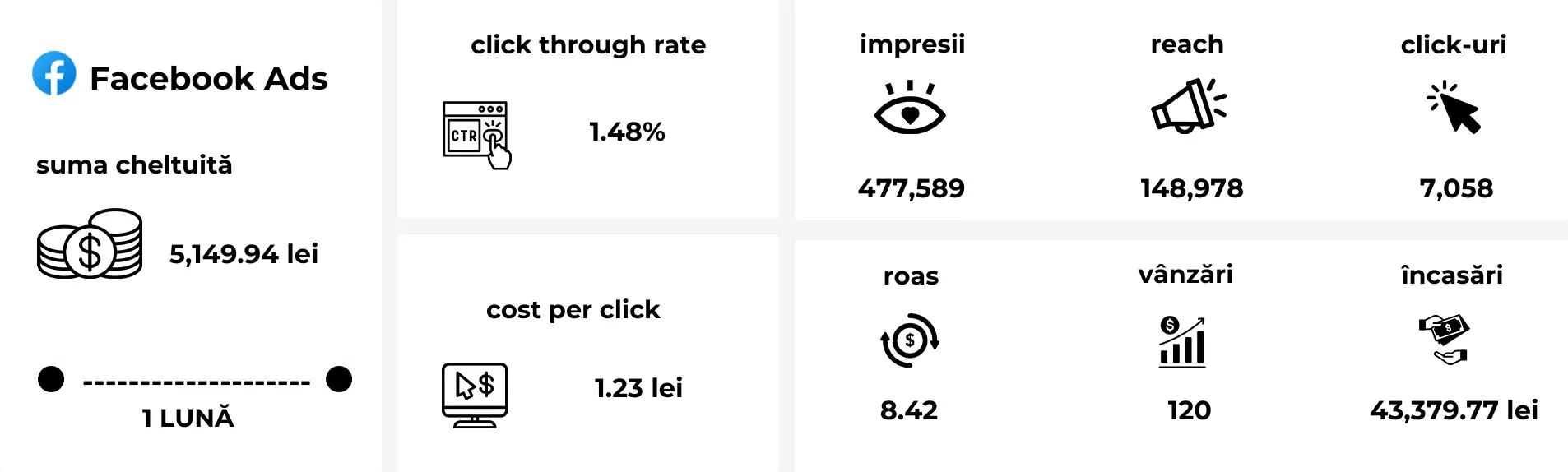 Rezultate Meta Ads în prima lună: ROAS 8.42, 120 de achiziții și valoare totală a comenzilor de peste 43.000 lei.