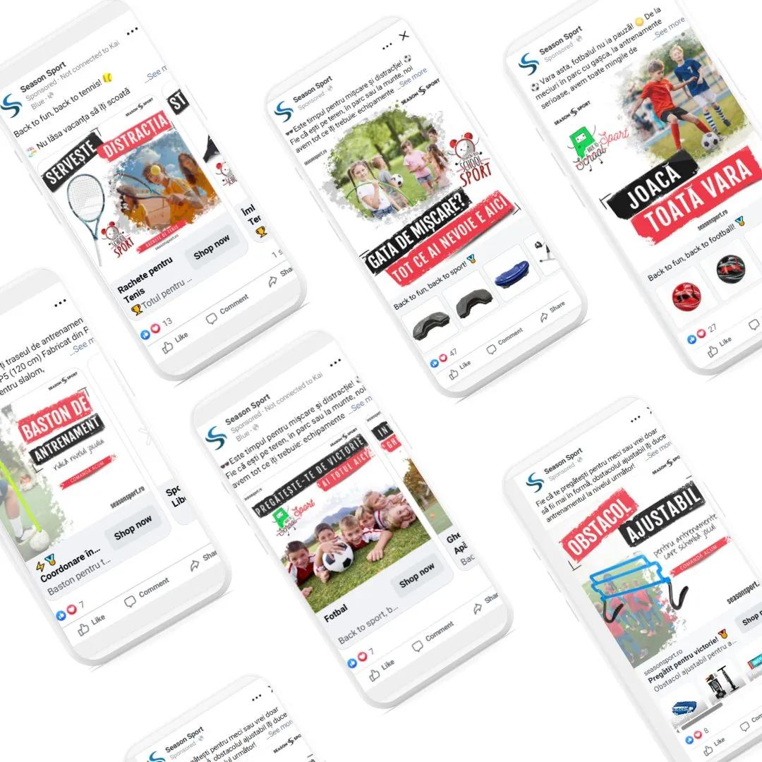 Exemple de bannere și vizualuri dinamice pentru campaniile Meta Ads în ecommerce sportiv, adaptate pentru publicul activ și pasionat de sport.