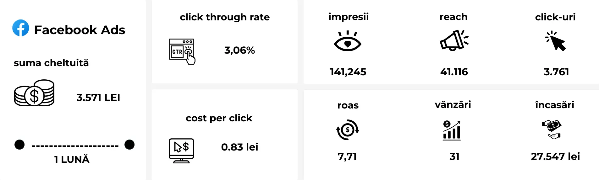 Rezultatele campaniilor Meta Ads pe Facebook și Instagram pentru nișa produse sanitare și de bucătărie.