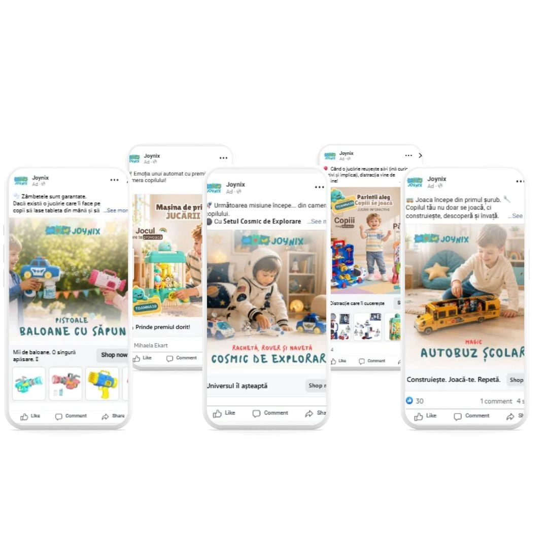 Vezi cum au evoluat campaniile Meta Ads ale unui magazin de jucării: +290% achiziții și +536,5% valoarea vânzărilor atribuite.